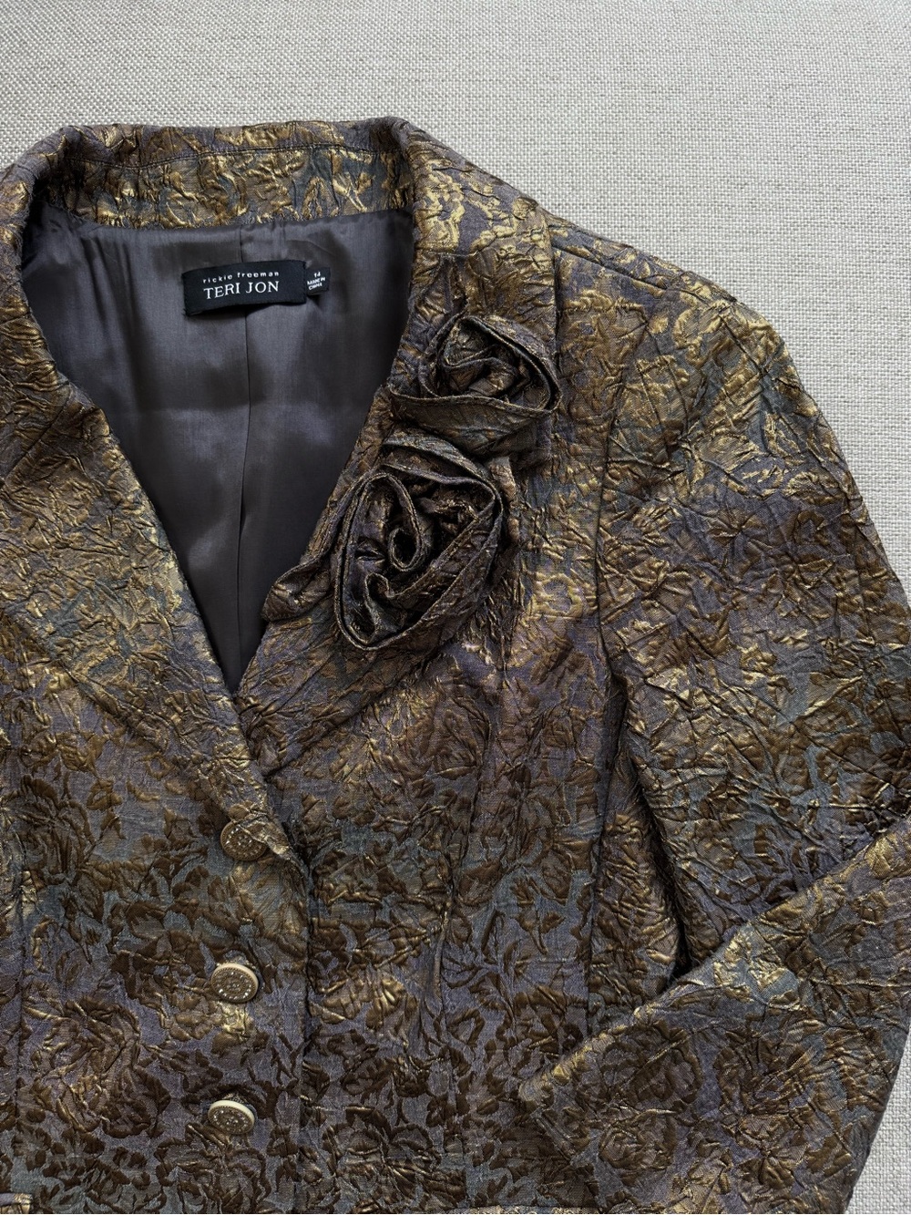 Teri Jon Bronze and Gold Floral Brocade Blazer with Rosette